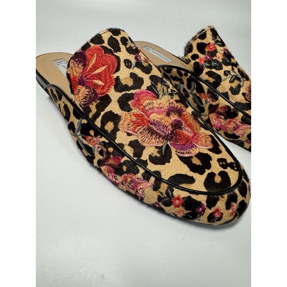 INC Women's Leopard Floral Embroidered Flats Real Calf Hair Mules Shoes 10.5 - Picture 2 of 16